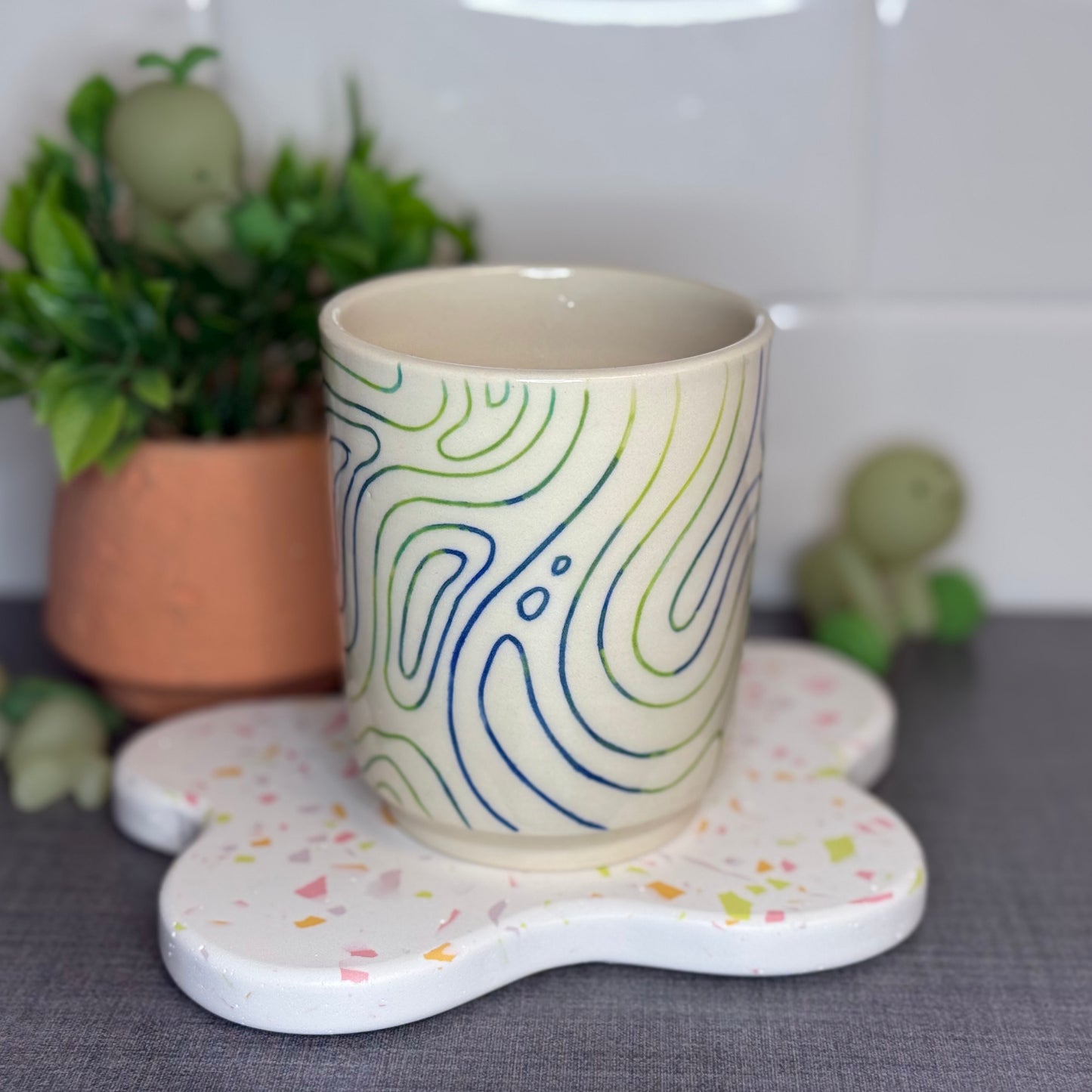 Blue and Green Topo Cup