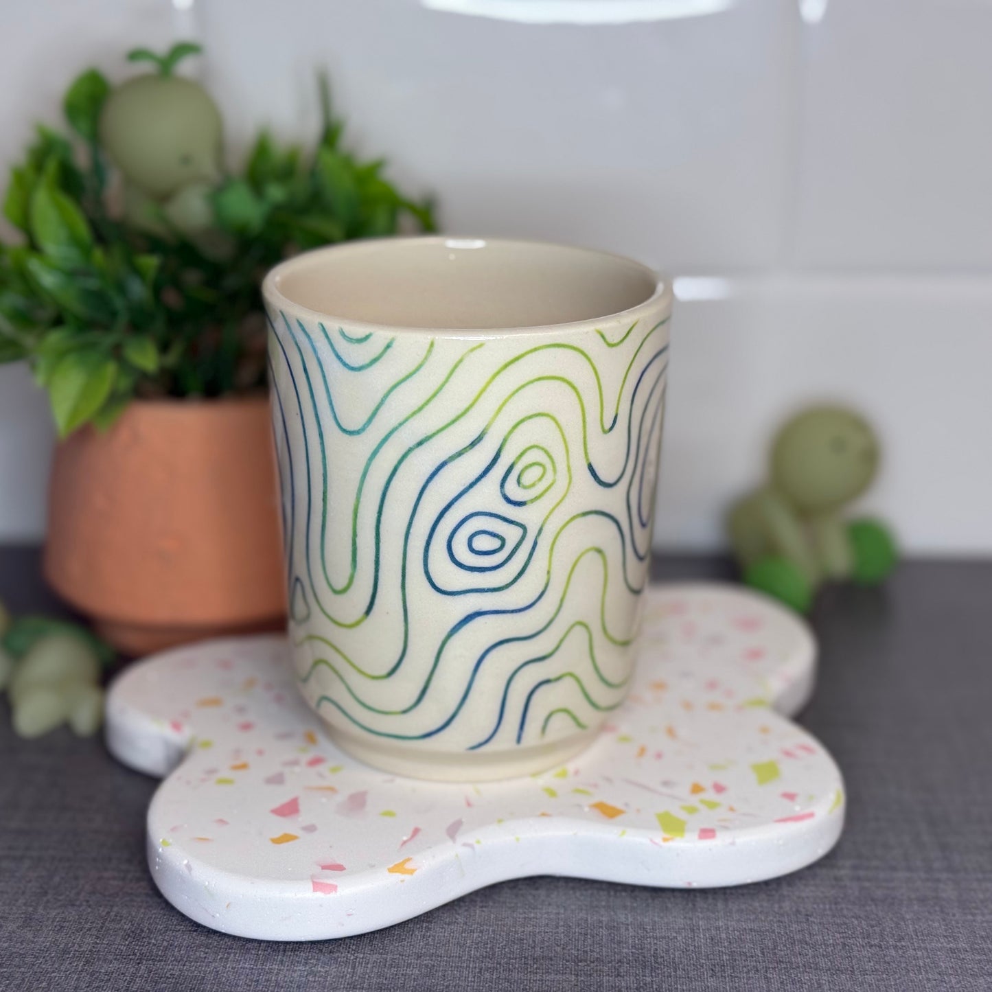 Blue and Green Topo Cup