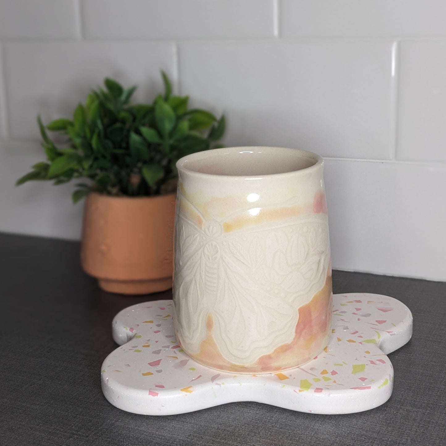 Watercolor & Carved Floral Moth Mug