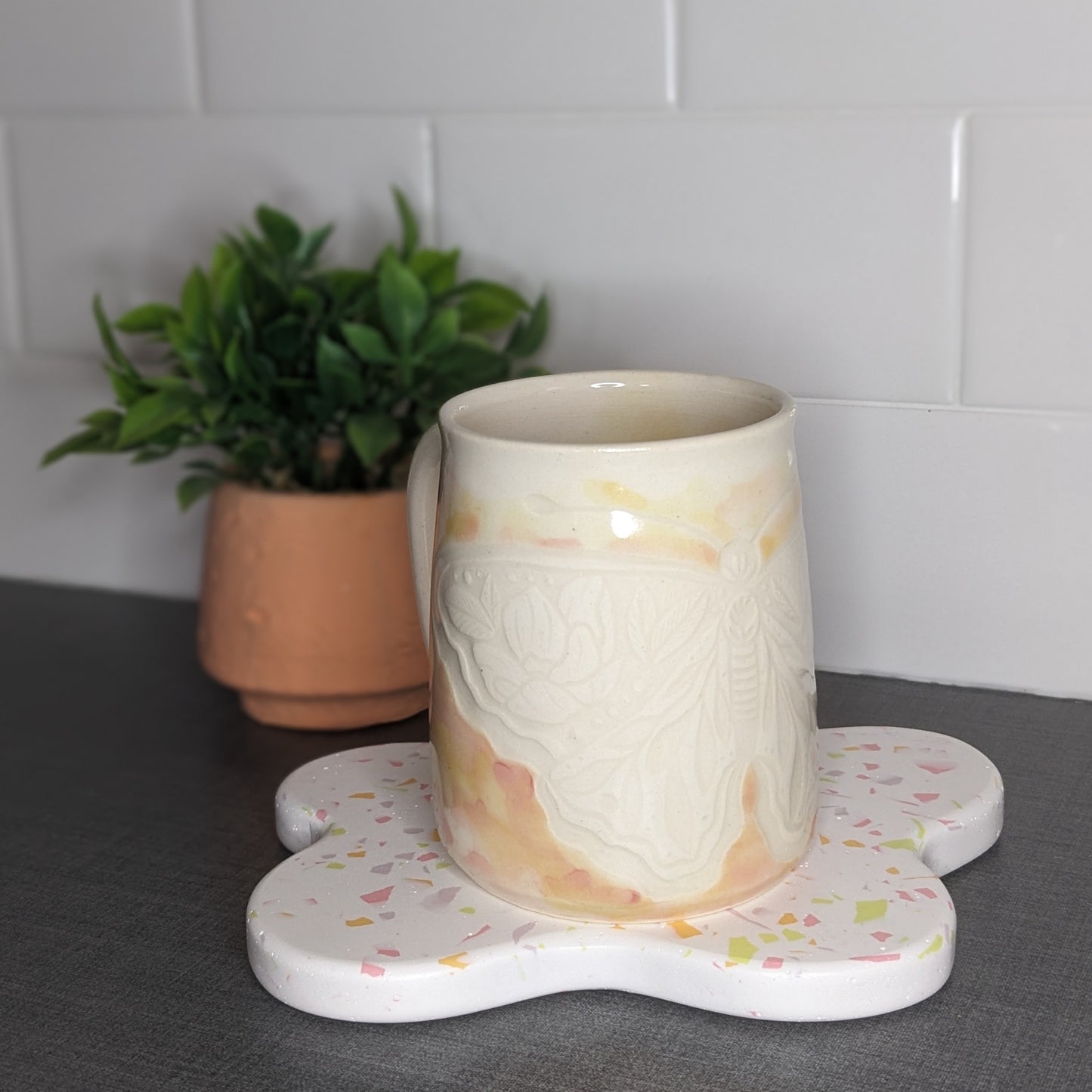 Watercolor & Carved Floral Moth Mug