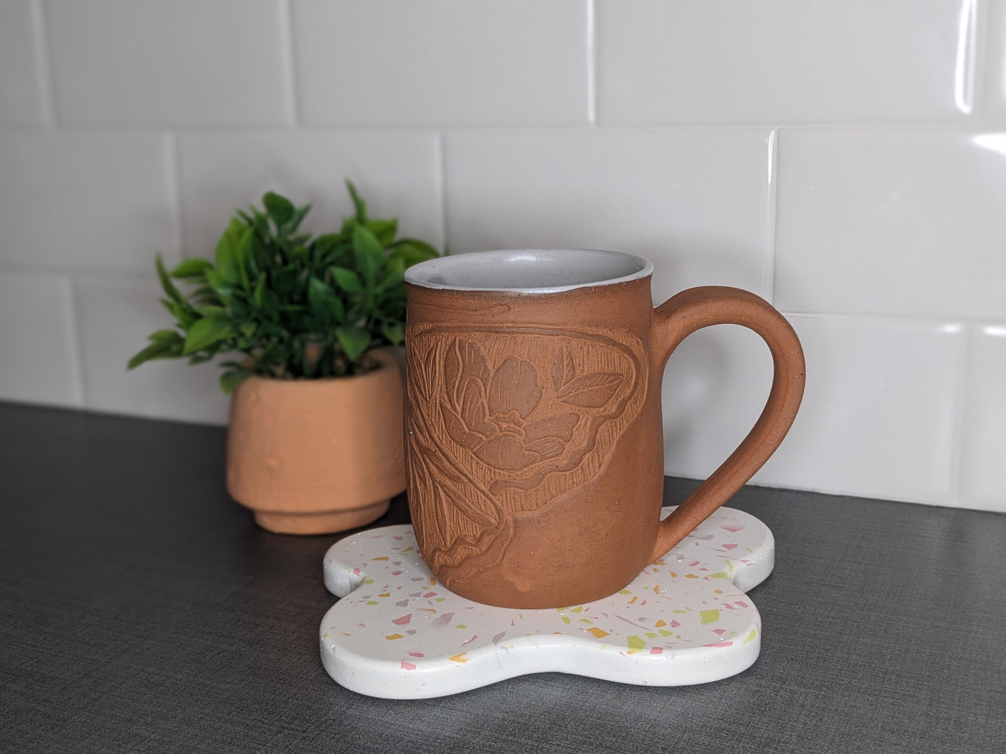 Carved Floral Moth Mug