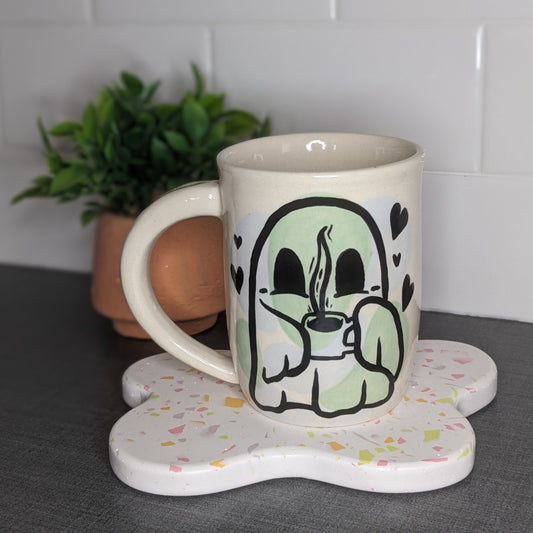 Cute Ghost with Mug - Green and Gray