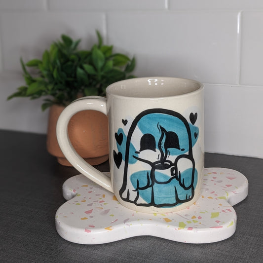 Cute Ghost with Mug - Blue and Gray