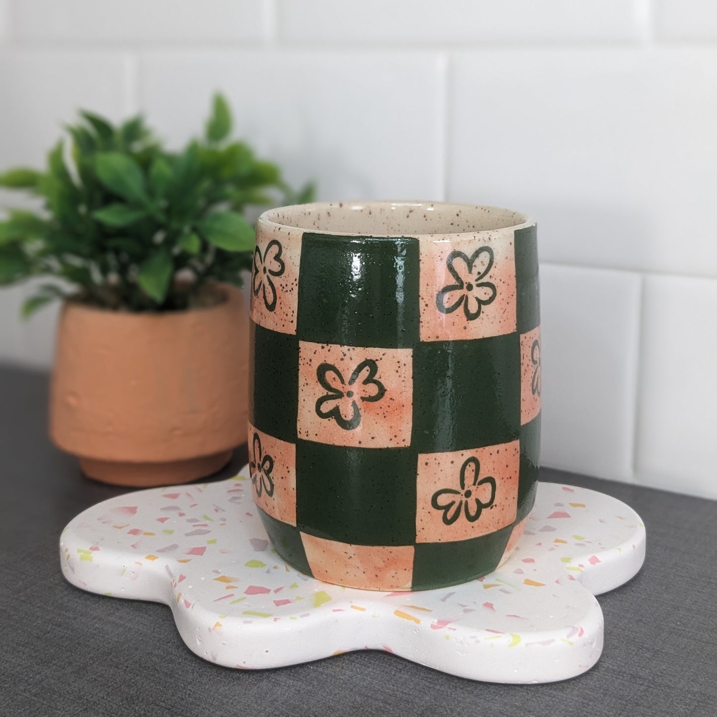 Checked Mug - Green with Flowers