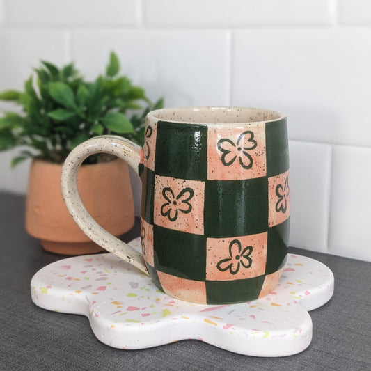 Checked Mug - Green with Flowers